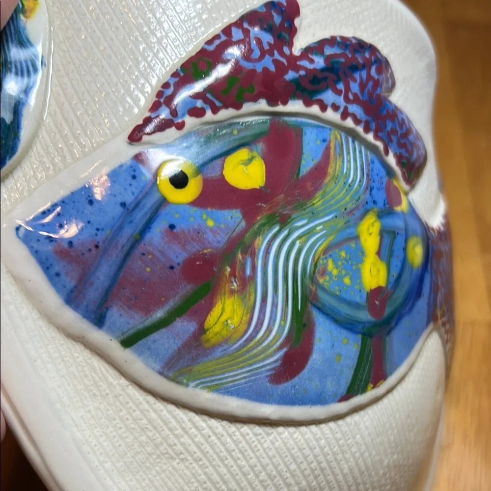 Artist Lucinda signed pottery fish Wall pocket Colorful Decor